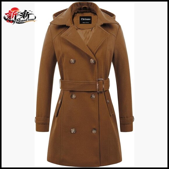 Women's Wool Blend Pea Coat Hooded Long Winter Trench Coat